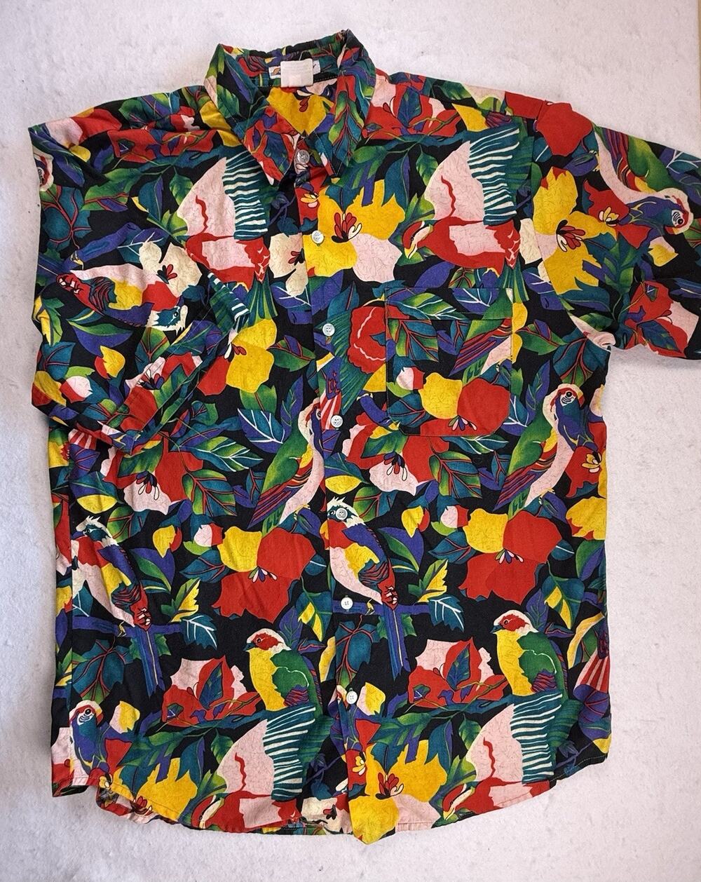 Windjammer Shirt Large floral parrots Hawaiian Vacation Beach Coastal